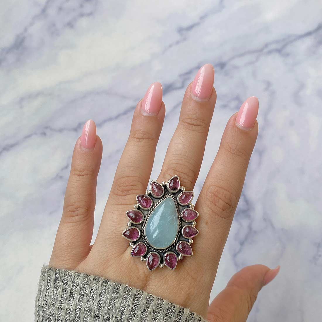 Aquamarine And Pink Tourmaline Flower Adjustable Ring-(AQM-FLR-1.)